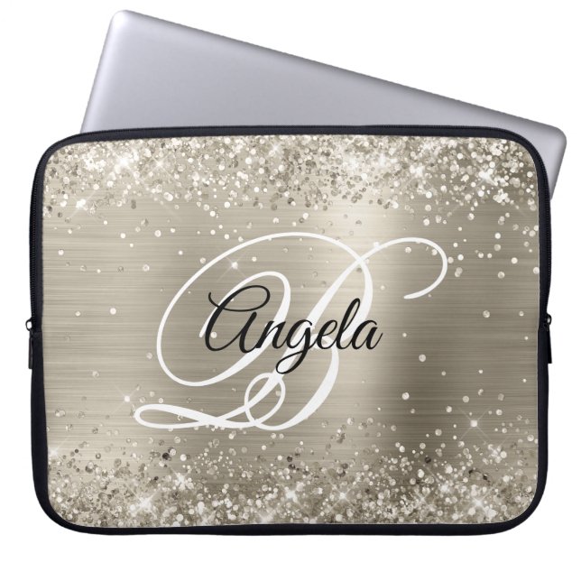 Glittery Platinum Borhed Folie Monogramed Laptop Sleeve (Voorkant)