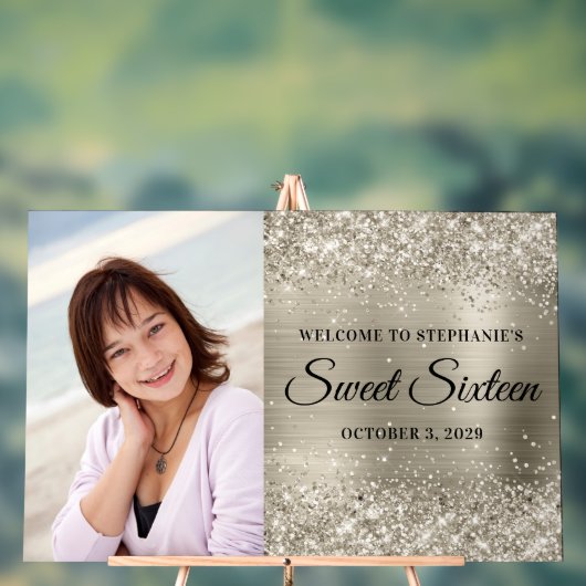 Glittery Platinum Folie Sweet Sixteen Welkom Groot Acryl Bord (Neutraal)