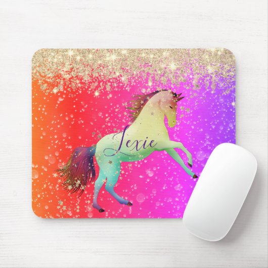 Glittery Rainbow Unicorn gepersonaliseerd Muismat (Met muis)