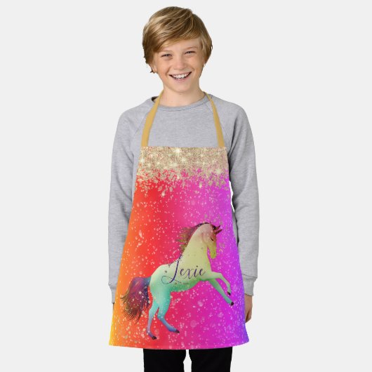 Glittery Rainbow Unicorn gepersonaliseerd Schort (Gedragen)