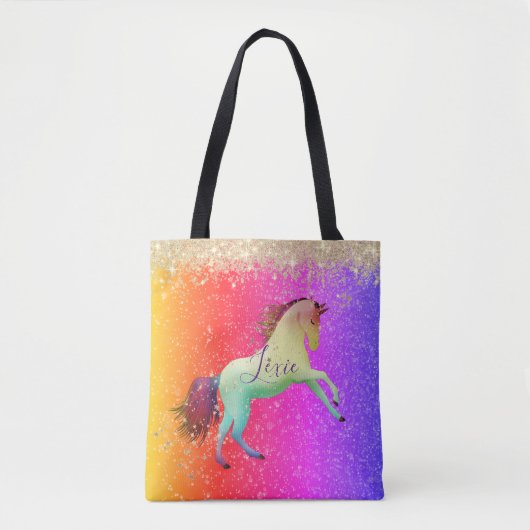 Glittery Rainbow Unicorn gepersonaliseerd Tote Bag (Voorkant)