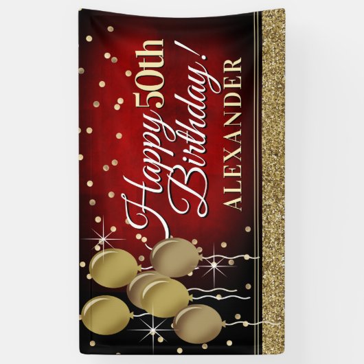Glittery Red en Gold Happy Birthday-banner Spandoek (Verticaal)