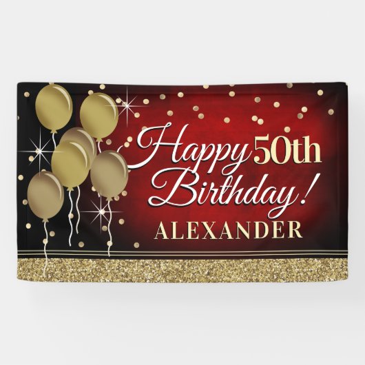 Glittery Red en Gold Happy Birthday-banner Spandoek (Horizontaal)