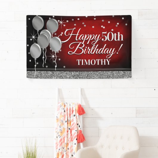 Glittery Red en Silver Happy Birthday-banner Spandoek (Insitu)