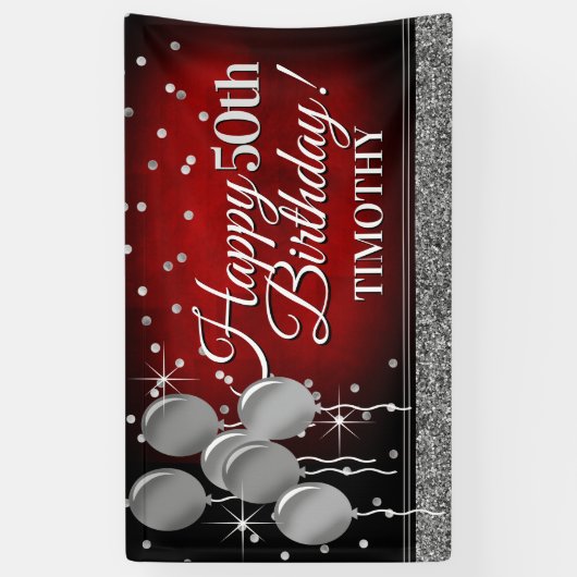Glittery Red en Silver Happy Birthday-banner Spandoek (Verticaal)
