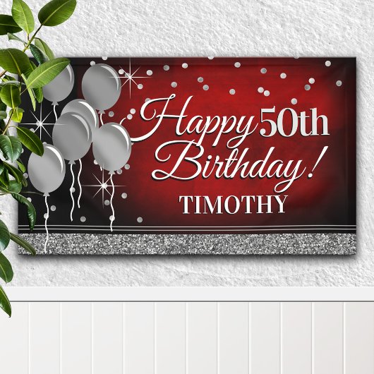 Glittery Red en Silver Happy Birthday-banner Spandoek