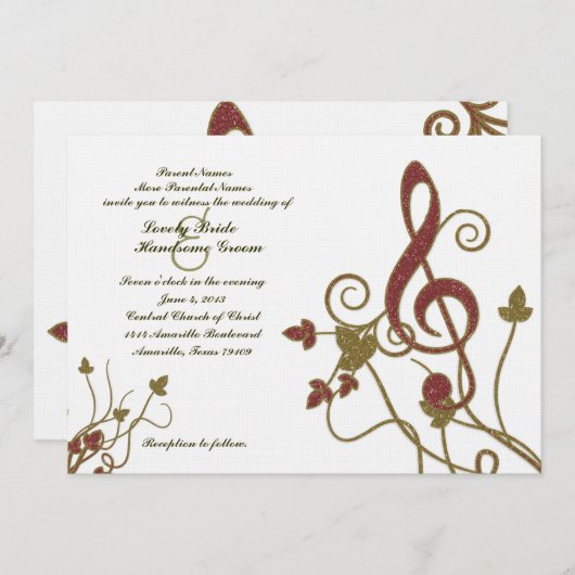 Glittery Red Gold White Music Weddenschap Kaart (Voorkant / Achterkant)