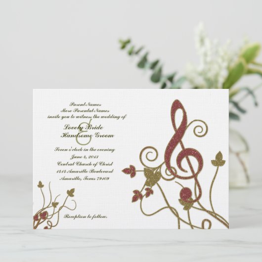 Glittery Red Gold White Music Weddenschap Kaart (Staand voorkant)