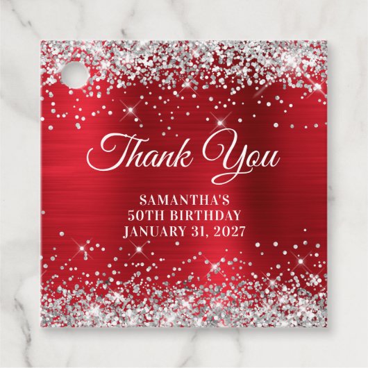 Glittery Red Monogram 50th Birthday Hartelijk dank Bedankjes Labels (Voorkant)