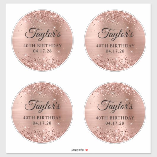Glittery Roos Gold 6" Circles 40th Birthday Sticker (Vel)