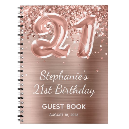 Glittery Roos Gold Balloon 21st Birthday Guestbook Notitieboek (Voorkant)
