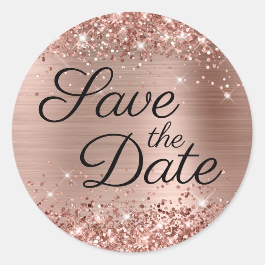 Glittery Roos Gold Black Elegant Save the Date Ronde Sticker (Voorkant)