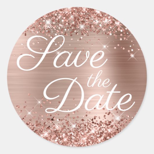 Glittery Roos Gold Elegant Save the Date Ronde Sticker (Voorkant)