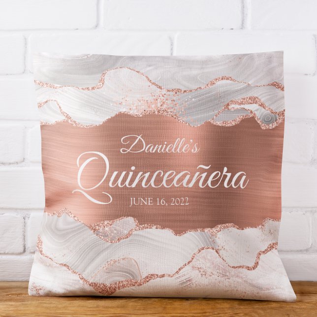 Glittery Roos Gold en White Agate Quinceañera Kussen (Glittery Rose Gold and White Agate Quinceañera Throw Pillow)