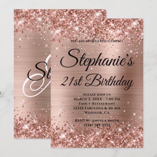 Glittery Roos Gold Fancy Monogram 21ste verjaardag Kaart (Voorkant / Achterkant)