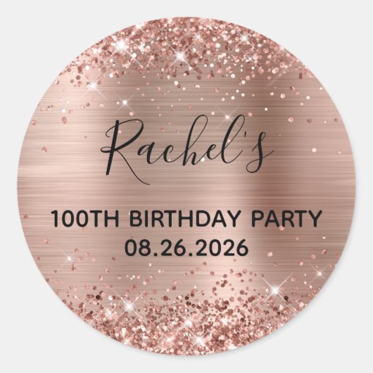 Glittery Roos Gold Foil 100th Birthday Party Ronde Sticker (Voorkant)