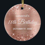 Glittery Roos Gold Foil 18th Birthday Keramisch Ornament<br><div class="desc">Creëer je eigen 18e verjaardagscirkel ornament voor je dochter. U kunt de bloktekst of de kalligrafie- of lettertypestijl aanpassen. De digitale kunstachtergrond is voorzien van een faux roos gold glitter en roos gold blush ombre folie. Op de achterkant, kunt u een familiefoto toevoegen als u zou willen. Meisjesmijlpaal verjaardagscadeau ornament...</div>