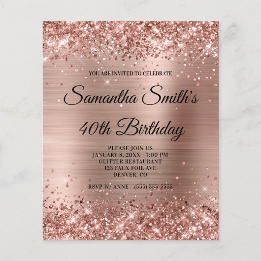 Glittery Roos Gold Foil 40th Birthday Invite Flyer (Voorkant)