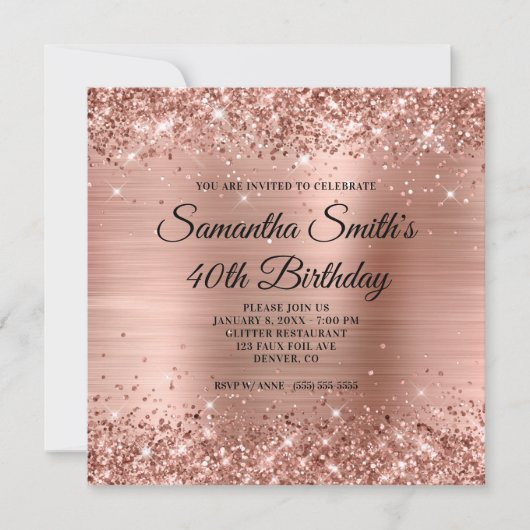 Glittery Roos Gold Foil 40th Birthday Kaart (Voorkant)