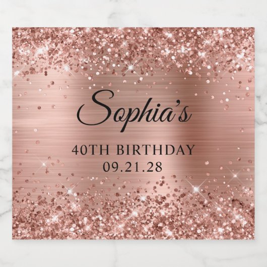 Glittery Roos Gold Foil 40th Birthday Likeurfles Etiket (Enkel label)