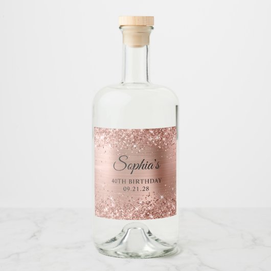 Glittery Roos Gold Foil 40th Birthday Likeurfles Etiket (Voorkant)