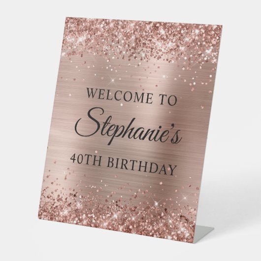 Glittery Roos Gold Foil 40th Birthday Reclamebord Met Voetstuk (Voorkant)