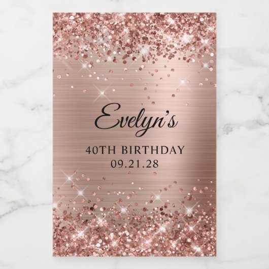 Glittery Roos Gold Foil 40th Birthday Wijn Etiket (Enkel label)