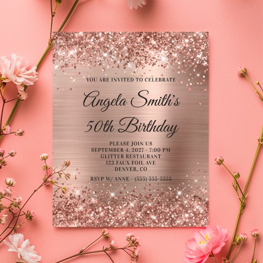 Glittery Roos Gold Foil 50th Birthday Invite
