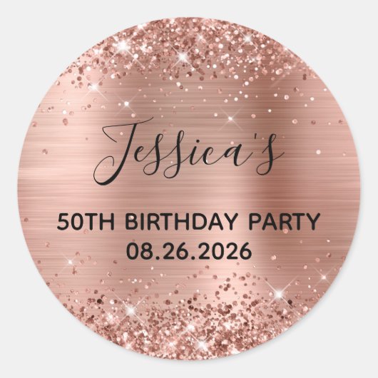 Glittery Roos Gold Foil 50th Birthday Party Ronde Sticker (Voorkant)
