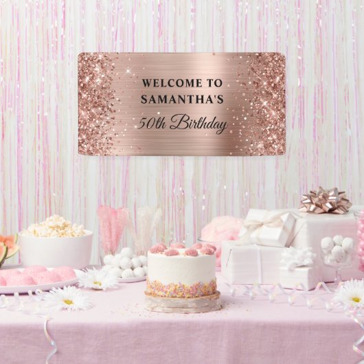 Glittery Roos Gold Foil 50th Birthday Spandoek (Feest)