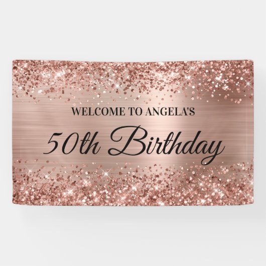 Glittery Roos Gold Foil 50th Birthday Welkom Spandoek (Horizontaal)