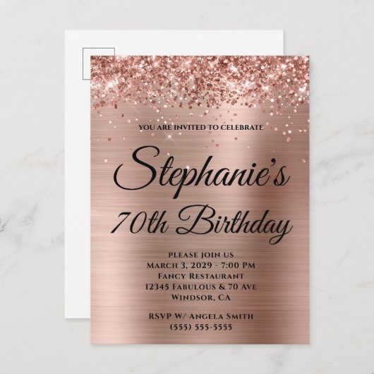Glittery Roos Gold Foil 70th Birthday Uitnodiging Briefkaart (Voorkant / Achterkant)