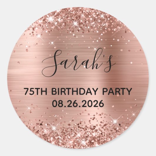 Glittery Roos Gold Foil 75th Birthday Party Ronde Sticker (Voorkant)