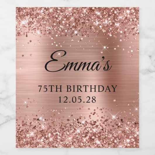 Glittery Roos Gold Foil 75th Birthday Wijn Etiket (Enkel label)