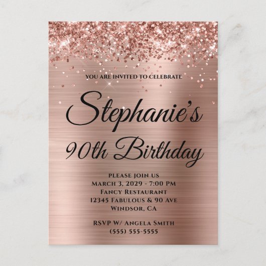 Glittery Roos Gold Foil 90th Birthday Uitnodiging Briefkaart (Voorkant)