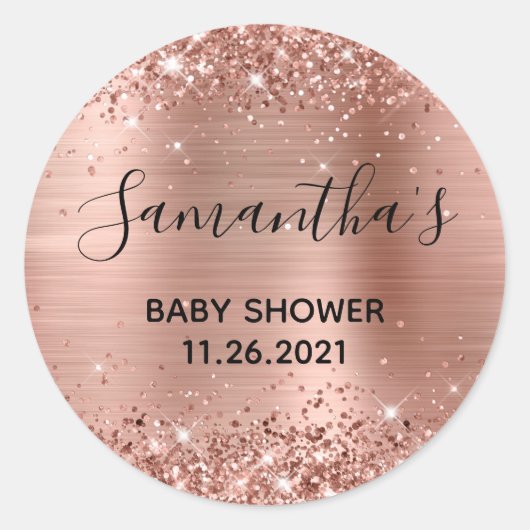 Glittery Roos Gold Foil Baby shower Ronde Sticker (Voorkant)