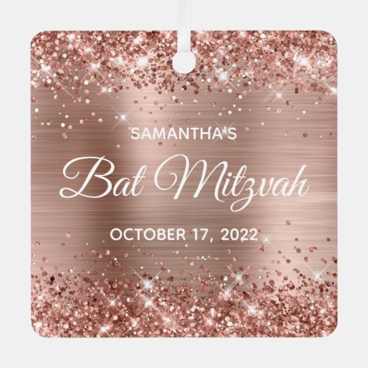 Glittery Roos Gold Foil Bat Mitzvah Metalen Ornament (Voorkant)