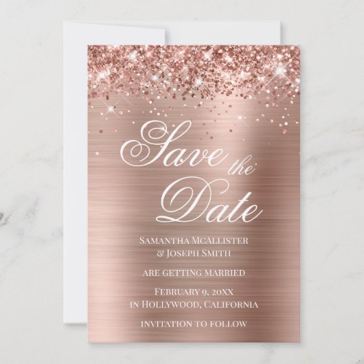 Glittery Roos Gold Foil Bespaar op datum Kaart (Voorkant)