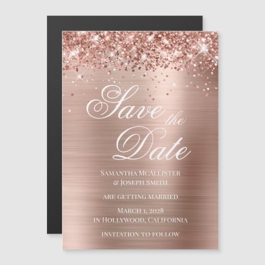 Glittery Roos Gold Foil Bespaar op datum Magnetische Uitnodiging (Voorkant / Achterkant)