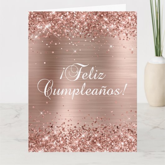 Glittery Roos Gold Foil Big Feliz Cumpleaños Kaart (Voorkant)