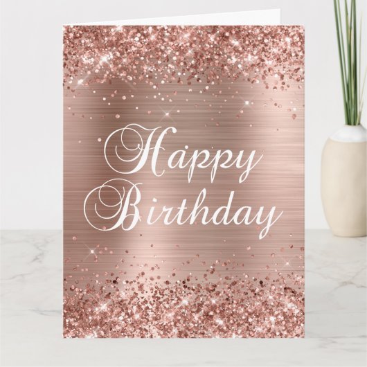 Glittery Roos Gold Foil Big Happy Birthday Kaart (Voorkant)