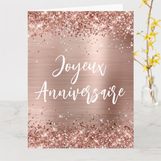 Glittery Roos Gold Foil Big Joyeux Anniversaire Kaart (Gele Bloem)