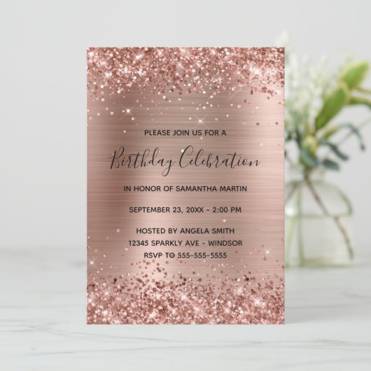 Glittery Roos Gold Foil Birthday Celebration Kaart (Staand voorkant)