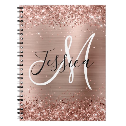 Glittery Roos Gold Foil Black en White Monogram Notitieboek (Voorkant)