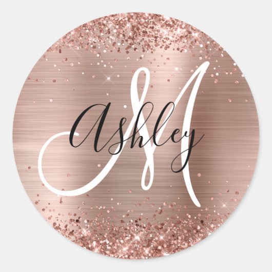 Glittery Roos Gold Foil Black en White Monogram Ronde Sticker (Voorkant)