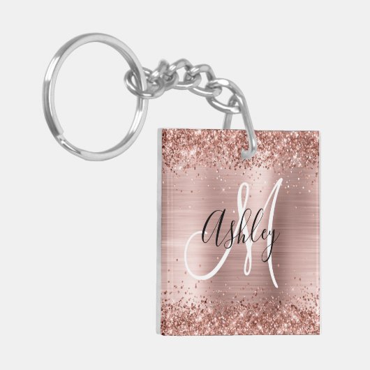 Glittery Roos Gold Foil Black en White Monogram Sleutelhanger (Voorkant Links)