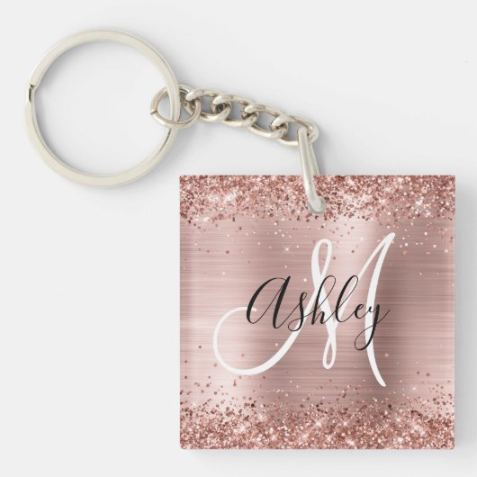 Glittery Roos Gold Foil Black en White Monogram Sleutelhanger (Voorkant)