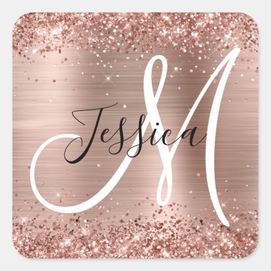 Glittery Roos Gold Foil Black en White Monogram Vierkante Sticker (Voorkant)