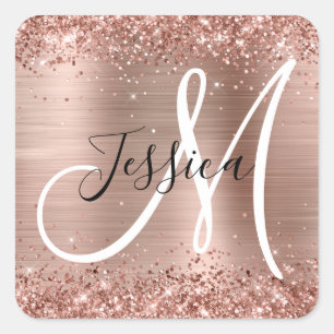 Glittery Roos Gold Foil Black en White Monogram Vierkante Sticker