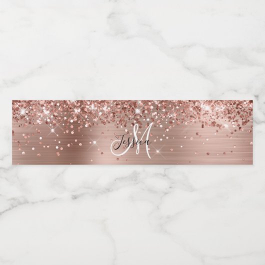 Glittery Roos Gold Foil Black en White Monogram Waterfles Etiket (Enkel label)